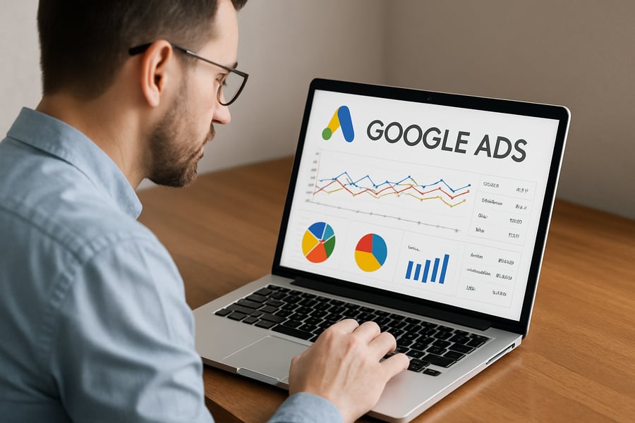 Digital marketing expert analysing Google Ads performance on a laptop Digital marketing expert analysing Google Ads performance on a laptop
